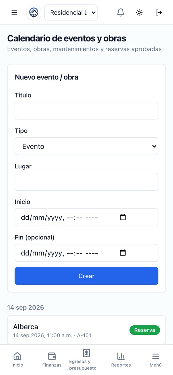 Calendario del condominio — captura del sistema