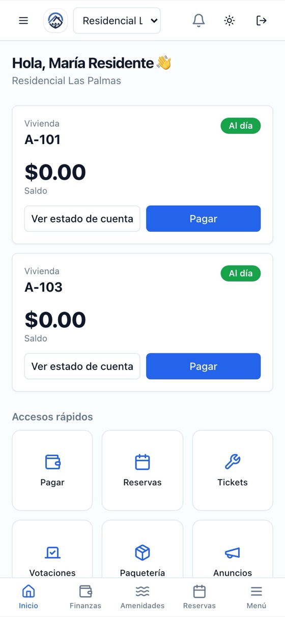 Inicio del residente — captura del sistema