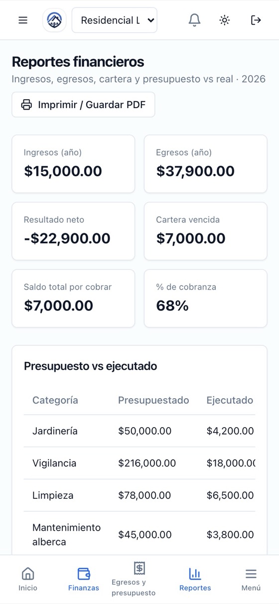Reportes financieros — captura del sistema